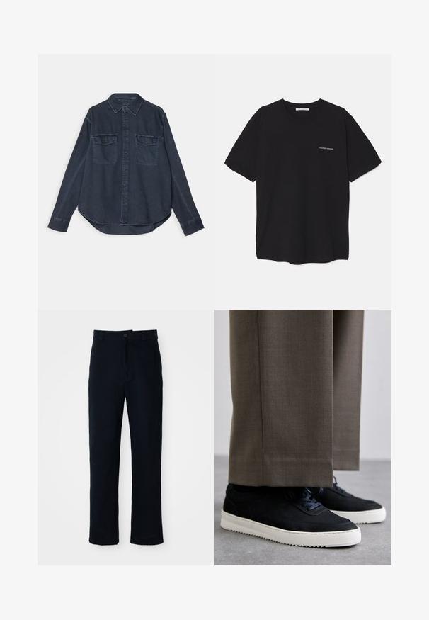 Mornarsko modra denim srajca z gumbom spredaj, z ostrim ovratnikom, dvema žepoma na prsih in dolgimi rokavi, ki imajo gumbaste manšete.; Črna bombažna majica s kratkimi rokavi in okroglim ovratnikom, z belim logotipom natisnjenim na levi prsni strani. Preprost, enobarven dizajn.; Temno modri hlače iz bombaža, s ravnim krojem, sprednjim gumbom in klasičnim pasom z zankami za pas.; Črne nubuk teniske z belimi gumijastimi podplati, ki imajo zaobljen nos in vezalke, oblečene z sivimi krojenimi hlačami.