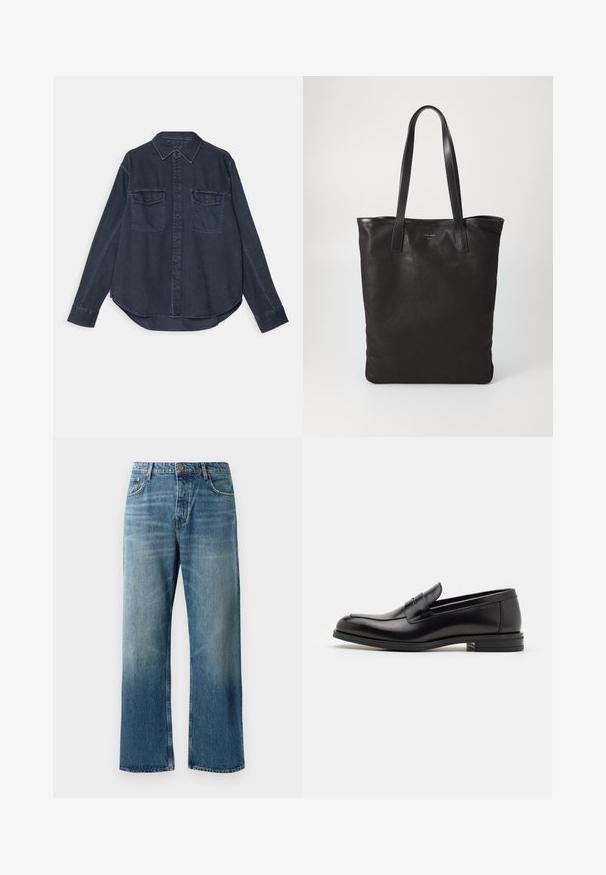 Dunkelblaues Denimhemd mit Knopfleiste, spitzem Kragen, zwei Brusttaschen und langen Ärmeln mit knopfbaren Manschetten.; Weißes Baumwoll-Top ohne Ärmel mit rundem Ausschnitt, ausgestattet mit einer glatten Textur und einer figurbetonten Form, ideal für die Freizeit.; Helle blaue, weit geschnittene Jeans mit einer verblassten Waschung, ausgestattet mit einem Ein-Knopf-Verschluss, fünf Taschen und kontrastierenden Nähten.; Schwarze Lederloafers mit glatter Textur, rundem Zehenbereich und einem dekorativen Riemen über dem Vorderfuß. Niedriger, gestapelter Absatz, minimalistisches Design.; Schwarze Stofftote mit schwarzen Ledergriffen. Einfaches Design, geräumiger Körper und glatte Textur. Keine sichtbaren Logos oder Muster.