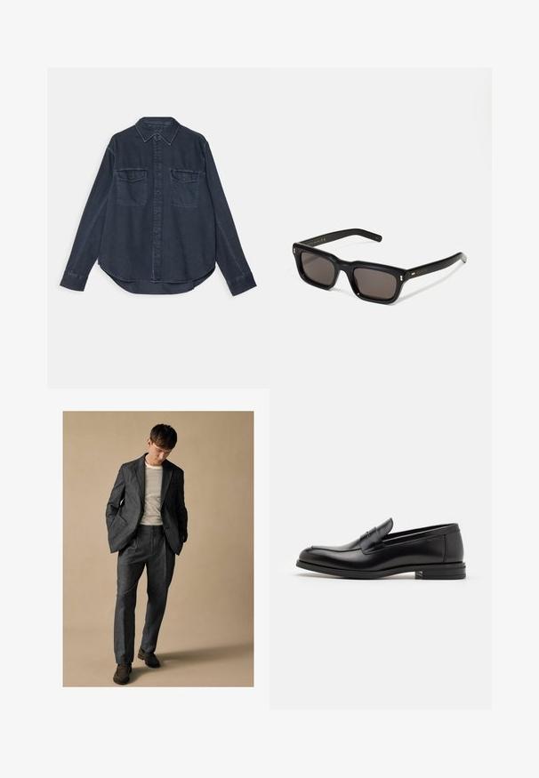 Tummansininen farkkupaita, jossa on napillinen etuosa, kärjellinen kauluspaita, kaksi rintataskua ja pitkät hihat, joissa on napilliset hihat.; Harmaa muotopuku, jossa on kaarrettu läppä ja etutaskut, yhdistettynä raidalliseen kauluspaitaan. Housuissa on rento istuvuus ja taitetut yksityiskohdat. Ruskeat kengät.; Mustat nahkakengät, joissa on sileä pinta, pyöreä kärki ja koristeellinen nauha jalkapöydän yli. Matala pinoitu koroke, minimalistinen muotoilu.; Mustat suorakulmaiset aurinkolasit tummilla linsseillä, paksu muovikehys, kultaiset korostukset temppeleissä ja brändin logo kaiverrettuna varteen.