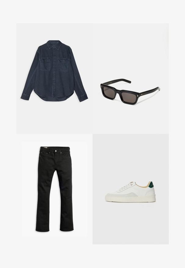 Donkerblauw denim shirt met een knoopsluiting aan de voorkant, puntige kraag, twee borstzakken en lange mouwen met knoopmanchetten.; Zwarte denim jeans met een recht gesneden ontwerp, vijf zakken, metalen knoopsluiting en subtiele stikseldetails. Gladde textuur en effen kleur.; Witte sneaker met suède accenten, ronde neus, platte veters en een crème rubberen zool. Bevat groene branding op de hiel.; Zwarte rechthoekige zonnebril met donkere lenzen, een dik plastic montuur, gouden accenten op de veren en het merkembleem gegraveerd op de arm.