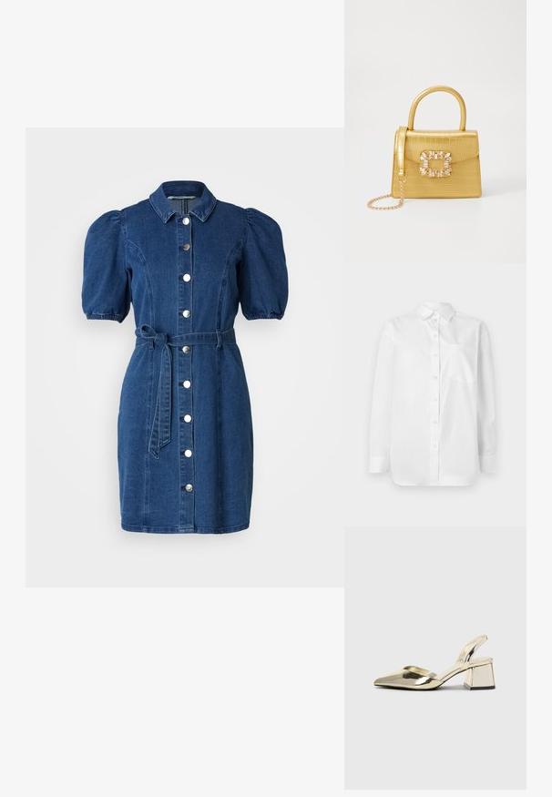 Bílá košile s dlouhými rukávy a zapínáním na knoflíky s jednou náprsní kapsou na jednobarevném bílém pozadí.; Džínové šaty v tmavě modré barvě s krátkými vykrouženými rukávy, límečkem, zapínáním na knoflíky vpředu a páskem s mašlí v oblasti pasu. Hladká textura.; Kovové zlaté pantofle na podpatku s špičatou špičkou a masivním podpatkem. Hladký povrch, minimalisticý design a úzký pásek.; Žlutá kabelka z umělé krokodýlí kůže se strukturovaným designem, horním uchopem, odnímatelným řetízkovým popruhem a dekoračním krystalovým zdobením na zapínání.