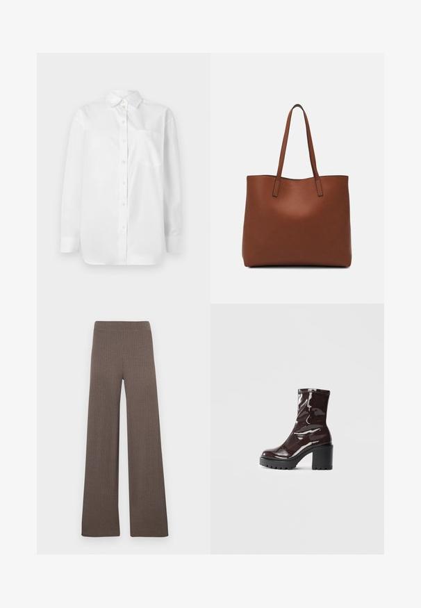 Langermet hvit skjorte med knappelukking foran og en enkelt brystlomme mot en ensfarget hvit bakgrunn.; Ribbede bukser med vide ben i en mørk brun farge, med elastisk midjebånd og et mykt, teksturert stoff.; Glinsende burgunder ankelstøvel med en kraftig svart hæl, med en glatt tekstur og enkelt design. Ingen synlige lukkinger eller mønstre.; Brun lær tote veske med en jevn tekstur, åpen toppdesign og to skulderstropper. Har minimal søm og ingen synlige spiker.