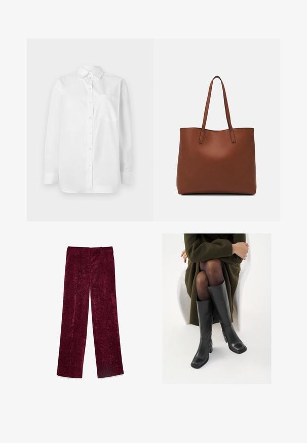 Ilga rankovė balta marškiniai su mygtukų uždarymu priekyje ir viena krūtinės kišenė prieš paprastą baltą fono.; Burgundiškos plačios kelnės, pagamintos iš minkštos, tekstūruotos medžiagos su lygiu diržu ir tiesia siluetu. Be matomų kišenių ar papuošimų.; Juodos odinės pradžios ilgio bateliai su kvadratu formos nosimi ir bloko kulnu, demonstruojami su modeliu, sėdinčiu alyvuogių žalios spalvos švarku. Lygi tekstūra, minimalus puošimas.; Ruda odinė priekabų krepšys su glotnia tekstūra, atviru viršumi ir dviem petnešomis. Su minimalia siuvimo detalėmis ir nematoma aparatūra.