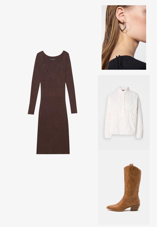 White long-sleeve blouse with a collar, featuring textured embroidery in a diamond pattern and a buttoned placket. Soft, lightweight fabric.; Brown ribbed long-sleeve dress with a scoop neckline and fitted silhouette. Features v-shaped stitching detail on the bodice.; Tan leather cowboy boot with pointed toe, embroidered swirl patterns on shaft, and a stacked block heel. Features a pull tab for easy wear.; Silver hoop earring with a polished finish, featuring small gold accent details and a round shape, worn on the lobe.