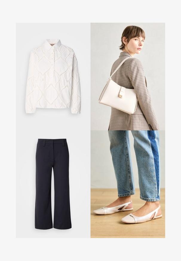 Blusa branca de manga longa com colarinho, apresentando bordados texturizados em padrão de diamante e uma pala com botões. Tecido macio e leve.; Calças largas de tecido azul marinho escuro. Apresentam uma frente lisa, passantes para cinto e bolsos laterais. O material é suave com um ligeiro alongamento.; Sapatilhas slingback de cor rosa pálido com bico fino, feitas de um material semelhante a couro liso. Apresentam detalhes recortados nas laterais e um salto plano.; Bolsa de mão em couro branco com um design estruturado, apresentando um fecho magnético e uma alça de ombro, exibida sobre um fundo neutro.