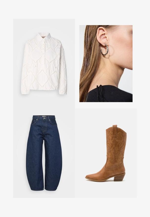Hvid langærmet bluse med krave, der har tekstureret broderi i diamantmønster og en knaplukning. Blødt, letvægtsstof.; Mørkeblå denim jeans med høj talje og brede ben, frontknap og lynlås lukning samt klassisk fem-lomme design.; Tan læder cowboystøvle med spids tå, broderede svirvelmønstre på skaftet og en stablet blokhæl. Har en træksløjfe for nem af/på.; Sølv hoop ørestik med en poleret overflade, prydet med små guld accenter og en rund form, båret på øreflippen.