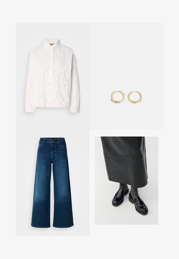 Biela blúzka s dlhým rukávom a golierom, zdobená textúrovanou výšivkou v diamantovom vzore a gombíkovou légou. Mäkká, ľahká tkanina.; Široké nohavice vyrobené z tmavo modrého džinsu. Majú vysoký pás, zapínanie na gombík a klasický dizajn s piatimi vreckami s jemným vyblednutím.; Čierne kožené poltopánky s hladkým povrchom, s dekoratívnym pásikom, okrúhlou špičkou a textúrovanou podrážkou. Nosené s dlhou čiernou koženou sukňou.; Zlaté kruhové náušnice s textúrovaným, nepravidelným tvarom. Majú bezšvové uzatváranie a lesklý povrch, čo podčiarkuje moderný dizajn.