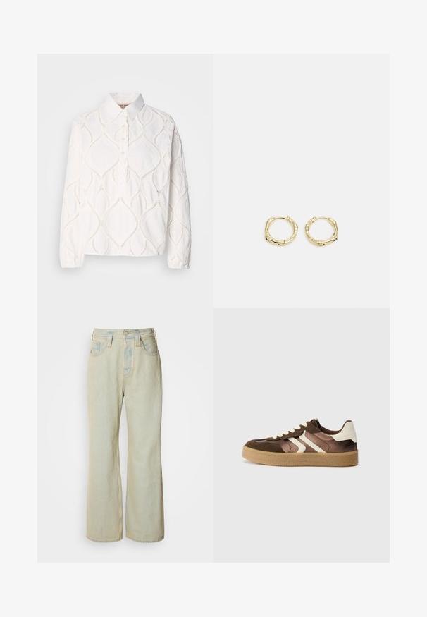 Valge pika varrukaga pluus, millel on krae, tekstuuriga tikand kreenikujulises mustris ja nööpide sulgemine. Pehme, kerge kangas.; Heledad sinine laiad teksad, mis on valmistatud denimist, kõrge vöökoht, viis taskut ja kerge kulumine koos kontrastsetest õmblustest rõhutustega.; Pruunid ja kreemjad spordijalatsid, millel on kombineeritud nabukanga ja satiini materjalid, kolm diagonaalset triipu ja tekstureeritud kummitald.; Kuldsete rõngaskõrvarõngaste tekstuuriga, ebakorrapärane kuju. Omab sujuvat lukustust ja poleeritud pinnatöötlust, rõhutades kaasaegset disaini.