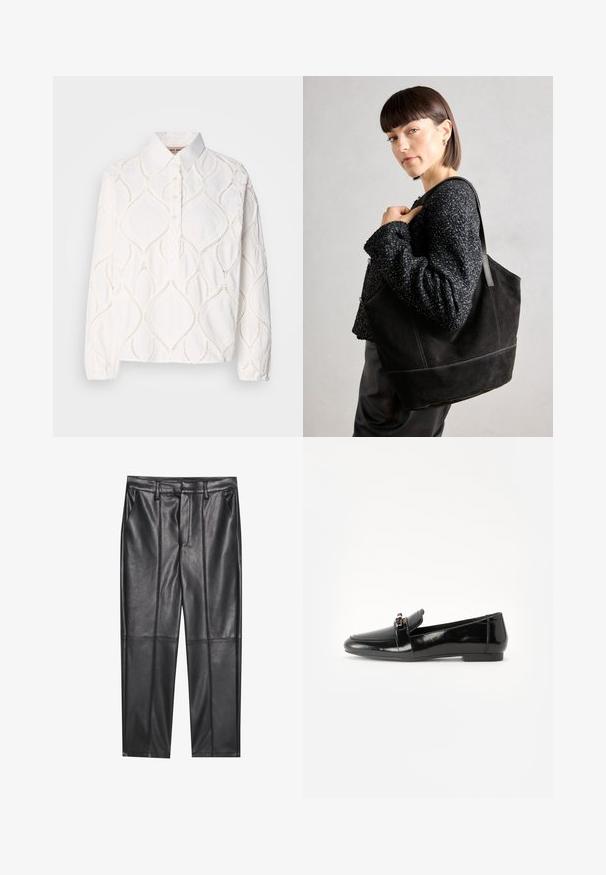 Hvit langermet bluse med krage, med teksturert broderi i diamantmønster og en knappestolpe. Myk, lett stoff.; Sorte lærbukser med en glat tekstur, der har en lige pasform, to forlommer og synlige sømdetaljer.; Svart lakkert lærloafer med flat såle, rund tå og en dekorativ rem med gulltonet akzent. Glatt, blank overflate.; Svart semsket tote-veske med en jevn tekstur, strukturert form og kontrasterende sømmer. Har lange stropper for skulderbæring.