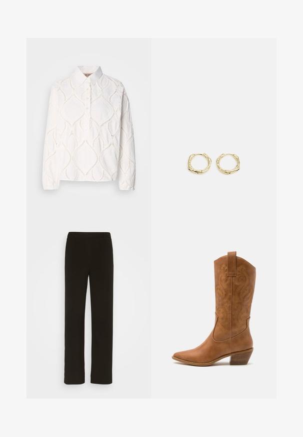 Blusa bianca a maniche lunghe con colletto, caratterizzata da ricami testurizzati a motivo diamante e una pattina con bottoni. Tessuto morbido e leggero.; Pantaloni neri a gamba dritta realizzati in tessuto intrecciato, con parte anteriore piatta, due tasche laterali e una superficie liscia. Nessun motivo o decorazione visibile.; Stivale cowboy in pelle marrone chiaro con punta affusolata, modelli ricamati a spirale sull'asta e tacco a blocco impilato. Presenta una linguetta per una facile calzata.; Orecchini a cerchio in oro con una forma irregolare e texture. Presentano una chiusura senza giunture e una finitura superficiale lucida, che enfatizza un design moderno.