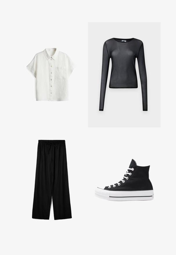White short-sleeve linen shirt with a classic collar, front pocket, and button fastenings in varying hues on the placket. Textured fabric.; Black long-sleeve top made of sheer material, featuring a round neckline and a slim fit, with finely edged hems.; Black wide-leg pants made from lightweight fabric, featuring an elastic waistband with a drawstring for adjustable fit. Smooth texture.; High-top black canvas sneaker with white eyelets, laces, and rubber sole. Features a textured toe cap and black and white stripe accents.