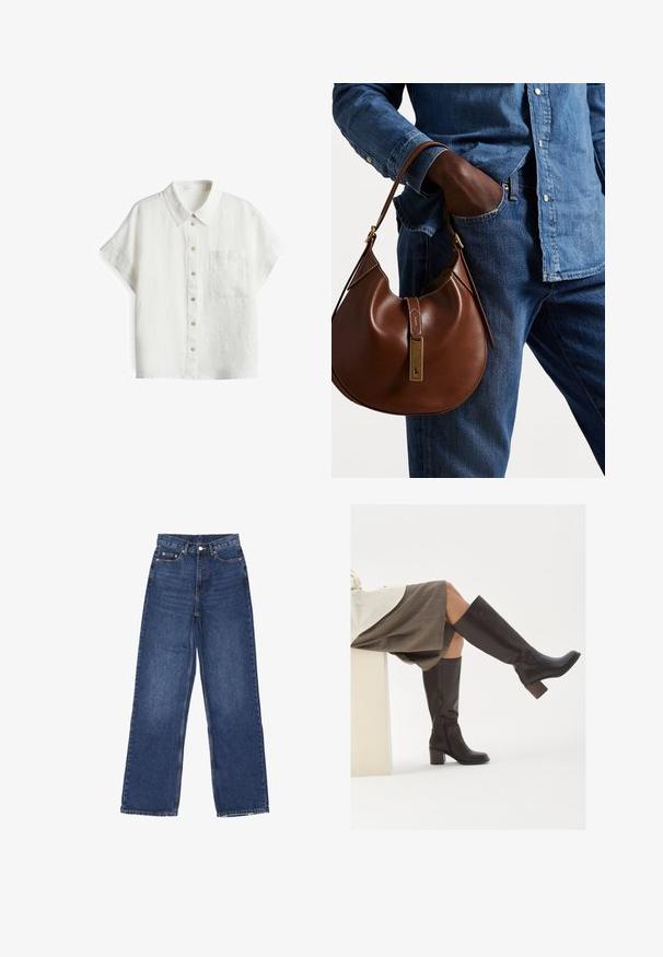 White short-sleeve linen shirt with a classic collar, front pocket, and button fastenings in varying hues on the placket. Textured fabric.; Wide-leg blue denim jeans with a high waist, featuring a button closure, five pockets, and subtle fading on the fabric.; Brown leather knee-high boots with a square toe, chunky heel, and side zipper. Smooth texture with a polished finish.; Brown leather hobo bag with a rounded shape, featuring a gold hardware accent and contrast stitching. Paired with a denim shirt and jeans.