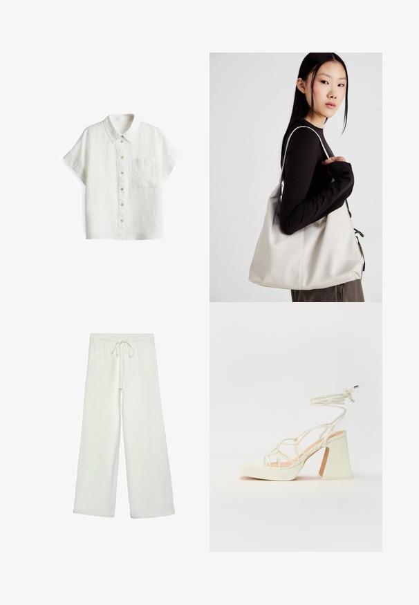 Camicia di lino bianca a maniche corte con colletto classico, taschino frontale e chiusura a bottoni di diverse tonalità sulla patta. Tessuto testurizzato.; Pantaloni bianchi a gamba larga realizzati in un tessuto morbido. Presentano un elastico in vita con cordino e una consistenza liscia. Senza motivi visibili o accessori.; Sandalo bianco con tacco alto, caratterizzato da un design a cinturini e un legaccio alla caviglia. Texture liscia con una piattaforma frontale per un'altezza aggiuntiva.; Borsa a mano beige realizzata in materiale morbido, caratterizzata da un design morbido, dettagli cuciti e due manici. Adatta per l'uso quotidiano.