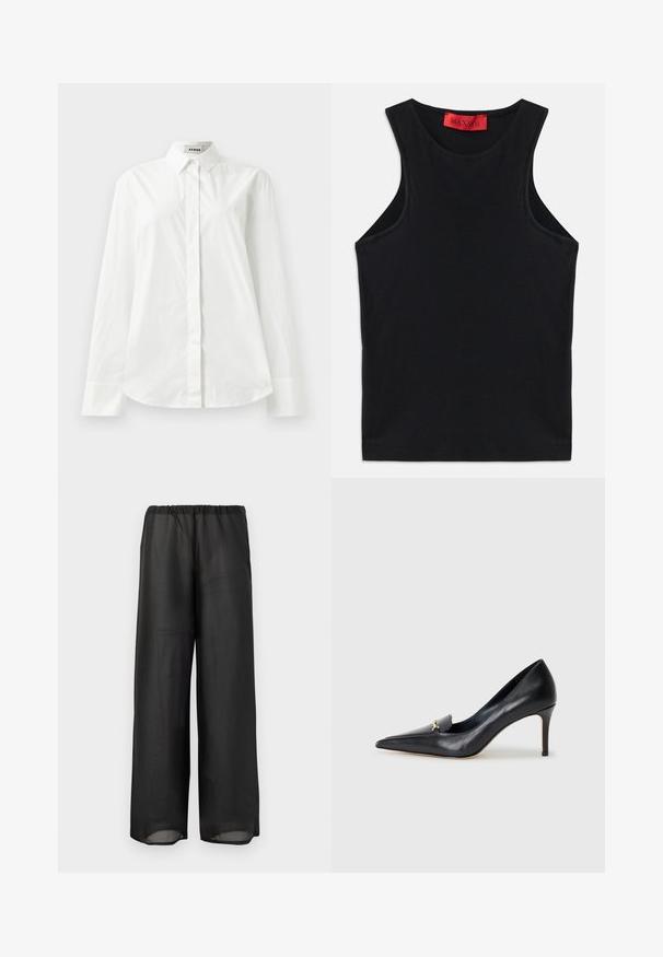 Balta kokvilnas krekls ar garām piedurknēm, ar norādītu apkakli, pogāmu priekšpusi un apaļu apakšmalu. Gluda tekstūra, regulāra piegriezums un bez rakstiem.; Melnā bez piedurknēm augšdaļa, izgatavota no mīksta kokvilnas. Tam ir apaļa kakla izgriezums un standarta apakšmalas. Vienkāršs dizains, nav redzamu rakstu vai akcentu.; Melni plataji gali svārki, izgatavoti no viegla, daļēji caurspīdīga auduma ar elastīgu jostasvietu. Dizainā ir plūstoša un brīva silueta.; Melnas ādas sūkņi ar norādītu pirkstu, zemu griezumu un dekoratīvu zelta akcentu. Iezīmējas ar stiletto papēdi un gludu tekstūru.