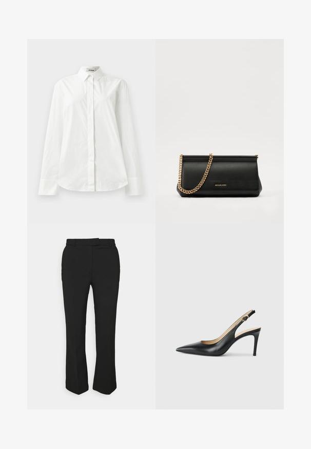 Fehér pamut hosszú ujjú ing, hegyes gallérral, gombos elülső záródással és lekerekített szegéllyel. Sima textúra, normál szabás és minták nélkül.; Fekete, szabott nadrág egyenes szárú kialakítással, övhurkokkal és oldalsó zsebekkel. Simább anyagból készült, tiszta kivitelben.; Fekete bőrből készült, hegyes orrú, állítható pánttal rendelkező magassarkú szandál, elegáns tűsarokkal, sima felülettel.; Fekete bőr kisméretű táska arany lánccal, sima felülettel, téglalap alakú, és dombornyomott márkázással az elején.