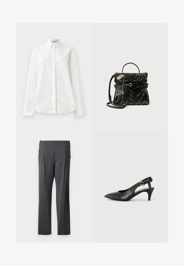 Biela bavlnená košeľa s dlhým rukávom, s špicatým golierom, zapínaním na gombíky a zakulateným lemom. Hladká textura, bežný strih a bez vzorov.; Šedé nadmerne nohavice s rovnou nohou, prednými skladmi a dekoračnými bočnými knoflíkmi pre prípadné detaily. Hladká textúra látky.; Čierne kožené slingback lodičky s špicatou špičkou, malým opätkom a prackou na členkovom remienku. Hladká textura, minimalistický dizajn.; Čierna kožená kabelka s geometrickým bielym prešívaním, horným uchom a odnímateľným ramenným popruhom. Obsahuje zlaté akcenty a zipsové uzatváranie.