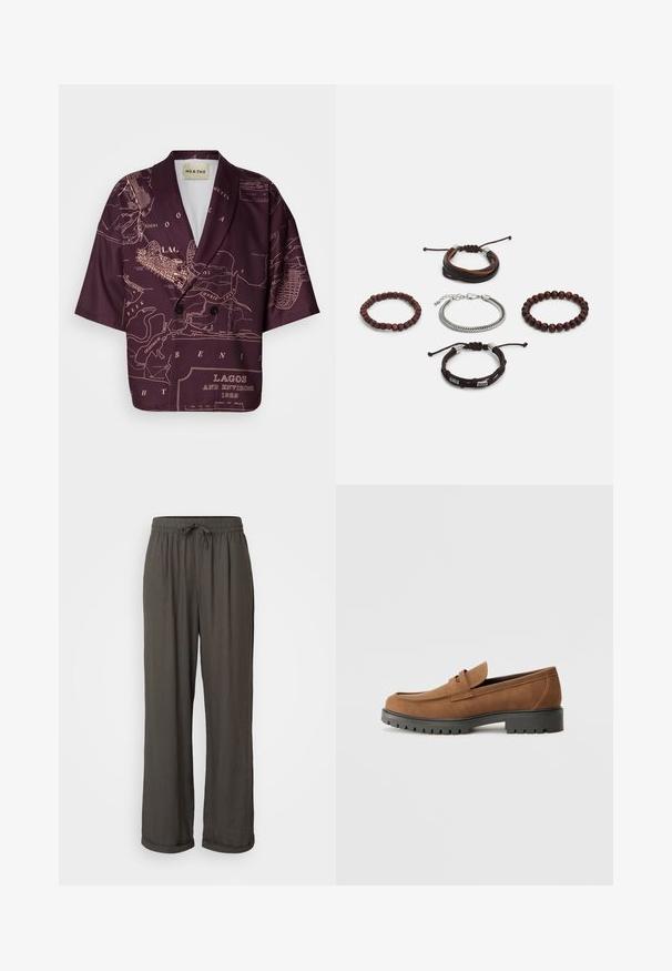 Kortermet blazer i dyp burgunder med et karttrykk av Lagos. Har en kraaget krage, dobbel knappelukking og glatt tekstur.; Mørkegrå vide bukser med snor i taljen, lavet af et blødt, struktureret stof, der har opsmøgede manchetter ved anklerne.; Brune suede loafers med avrundet tå og såle av lav svart gummi, med en dekorativ stropp og sømdetaljer på overdelen.; Sett med fem armbånd som inkluderer brunt lær, treperler og en sølvkjede; ulike teksturer og former, med justerbare lukkinger.
