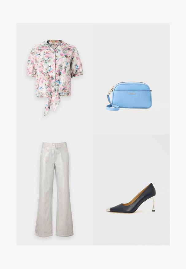 Floral short-sleeve blouse with a collar, featuring a tie at the waist, in pastel colors of pink, blue, and green with a soft texture.; Silver flared pants made from a shiny material, featuring a front button closure, two pockets, and visible stitching details.; Navy leather high heel shoe with a pointed toe, featuring a silver metallic cap and a shiny silver stiletto heel.; Light blue leather crossbody bag with gold-tone hardware, zip closure, and a front pocket. Features an adjustable strap for convenience.