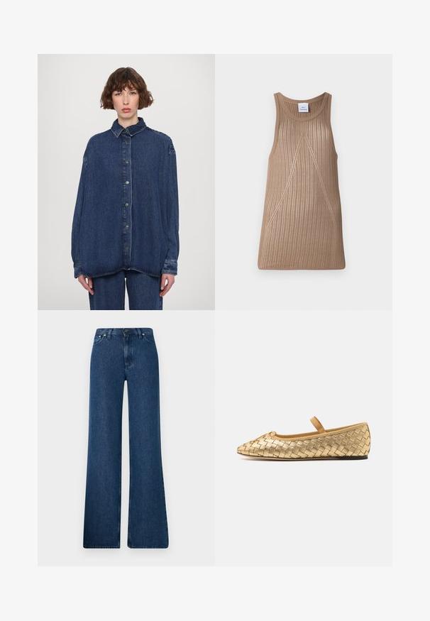 Blue denim oversized shirt with a collar, front buttons, and long sleeves. Features a relaxed fit and a subtly faded texture.; Beige, sleeveless knit top with a ribbed texture, featuring an A-line shape and subtle diagonal stitching details.; Blue denim flared jeans with a high waist, five-pocket design, and metal button closure. Smooth texture, casual style, and minimal stitching.; Loeffler Randall LEONIE SOFT BALLET FLAT - Ankle strap ballet pumps - gold