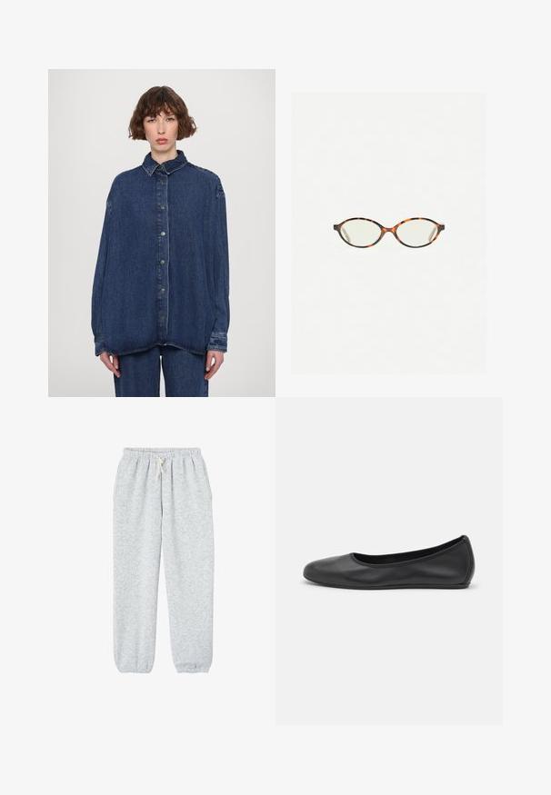 Modrá džínová košile ve volném střihu s límečkem, předními knoflíky a dlouhými rukávy. Má uvolněný střih a jemně vybledlou texturu.; Šedé tepláky vyrobené z měkké látky, s elastickým pasem na šňůrku a elastickými manžetami na kotnících.; Černé kožené baletní byty s kulatou špičkou, hladkou texturou, minimálními švy a flexibilním designem podrážky.; Želvovinové brýle s oválnými čočkami a hladkým, jemným povrchem. Má tenké bočnice s jemným zakřivením v chrámcích. Čiré čočky.