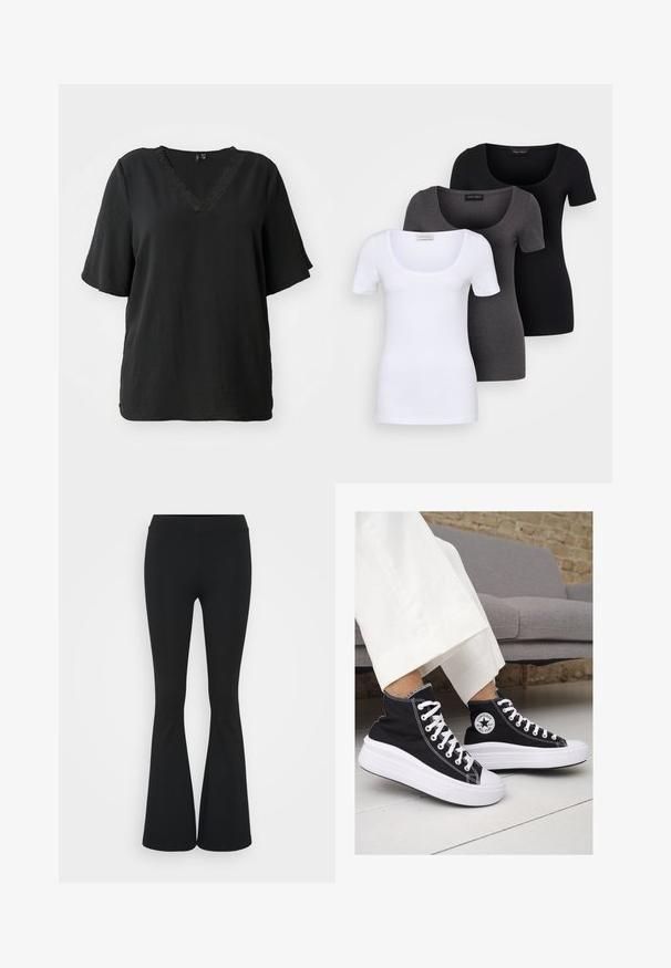 Mustapaita, jossa on V-pääntie ja lyhyet hihat, koristeellista pitsireunusta kaula-aukolla. Rennon väljä malli.; Kolme istuvaa T-paitaa valkoisena, harmaana ja mustana. Jokaisessa on leveä avara pääntie ja lyhyet hihat. Valmistettu sileästä ja joustavasta kankaasta.; Mustat leveät housut, jotka on valmistettu joustavasta kankaasta, ja joissa on korkea vyötärö sekä sileä pinta. Housut levenevät polven kohdalla.; Mustat kangaskengät korkealla varrella, joissa on valkoiset kumipohjat ja nauhat. Sivussa on pyöreä logo ja kontrastiväriset valkoiset tikkausommellut.