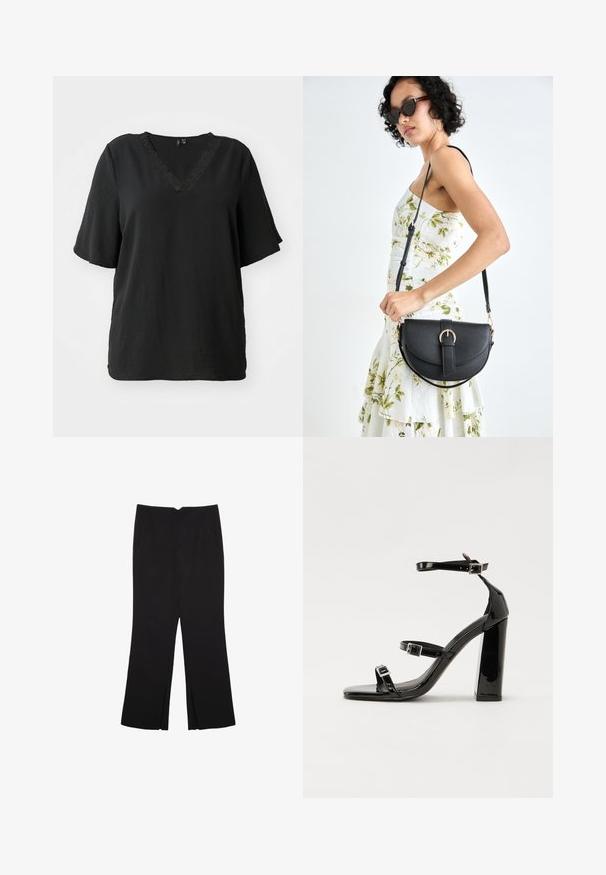 Czarny t-shirt z dekoltem w serek i krótkimi rękawami, wykonany z teksturowanej tkaniny, z ozdobnym koronkowym wykończeniem wzdłuż dekoltu. Luźny krój.; Czarne spodnie o prostym kroju, z przednimi kieszeniami i bocznymi rozcięciami na dole. Wykonane z miękkiego, gładkiego materiału. Odpowiednie na różne okazje.; Czarne lakierowane sandały na obcasie z kwadratowym noskiem, z paskami wokół kostki i srebrnymi klamrami. Posiadają masywny słupek dla stabilności.; Czarna skórzana torebka o zakrzywionym kształcie, z odpinanym paskiem i złotymi akcentami. Torebka posiada klapę z zapięciem w kształcie klamry.