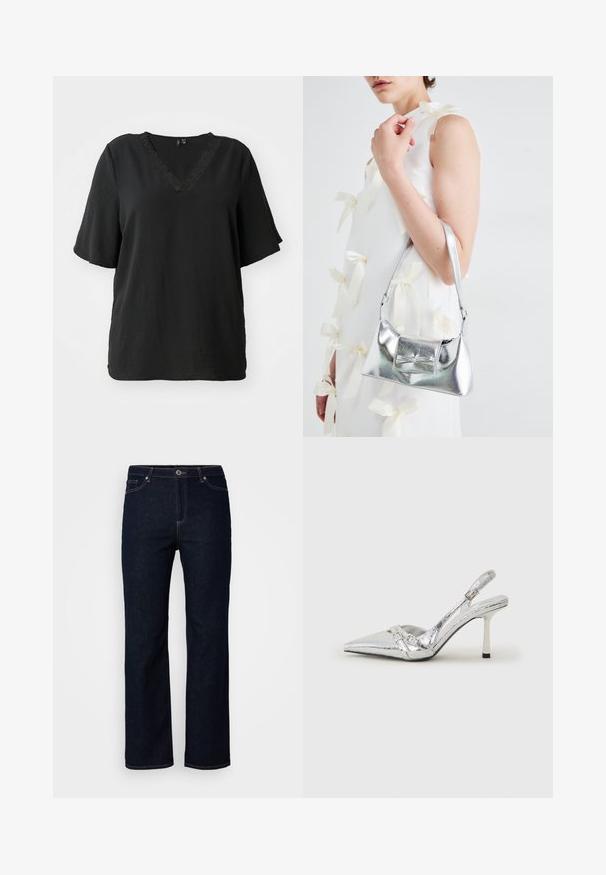 Sort V-hals T-shirt med korte ærmer, fremstillet af et tekstureret stof og med dekorativ blondekant langs halsudskæringen. Løs pasform.; Mørkeblå denimbukser, lige ben, fem-lomme design, subtile syninger, lynlås med knaplukning.; Sølv slingback højhælet sko med spids tå, metallisk finish, to dekorative stropper og en slank hæl med sort spids.; Sølvmetallic håndtaske med en struktureret form, der har et topgreb og en sløjfedetalje på forsiden. Glat tekstur, reflekterende finish.