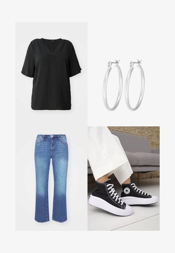 Black V-neck T-shirt with short sleeves, featuring a textured fabric and decorative lace trim along the neckline. Relaxed fit.; Denim jeans in light to medium blue gradient. Features a straight-leg cut, five pockets, and stitched detailing along the seams.; Black high-top sneakers with white rubber soles and laces. Features a round logo patch and contrasting white stitching. Canvas material.; Silver hoop earrings with a smooth, polished finish. Round shape and secure click-top closure. Lightweight design suitable for everyday wear.