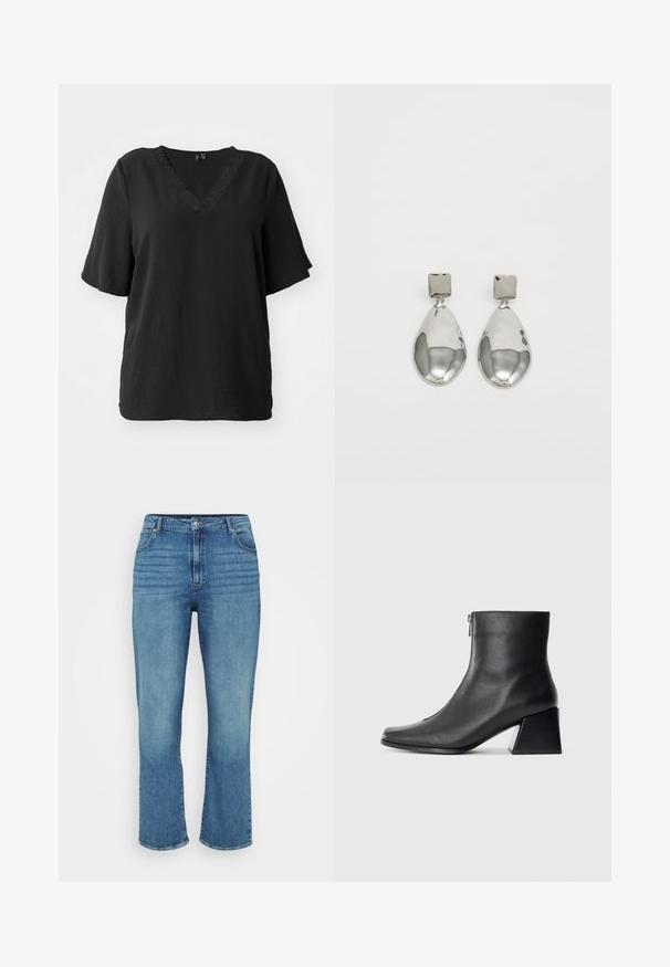 Black V-neck T-shirt with short sleeves, featuring a textured fabric and decorative lace trim along the neckline. Relaxed fit.; Light blue denim jeans with a straight leg design, featuring five pockets, belt loops, and subtle fading on the front.; Black leather ankle boot with square toe, side zipper, and block heel against plain light background.; Silver drop earrings with a square stud, featuring a smooth, polished finish and a teardrop shape, reflecting light with a glossy surface.