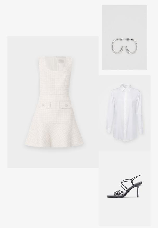 BOSS Gombos blúz - open white; Fehér tweed ruha bővülő szoknyával, kerek nyakkivágással és két elülső zsebbel, melyeket kerek gombok díszítenek. Texturált, strukturált kialakítás.; Fekete magas sarkú szandálok vékony pántokkal, csomózott mintával, sima négyzetes orral és karcsú stiletto sarkal rendelkeznek.; Világosszürke fémes kézitáska lánc pánttal, kis kör alakú fém kifinomult díszítéssel és háromszög alakú márkagéppel.; Ezüst karika fülbevalók sima, fényes felülettel. Lekerekített forma, könnyű kialakítással, tűs zárómechanizmussal.