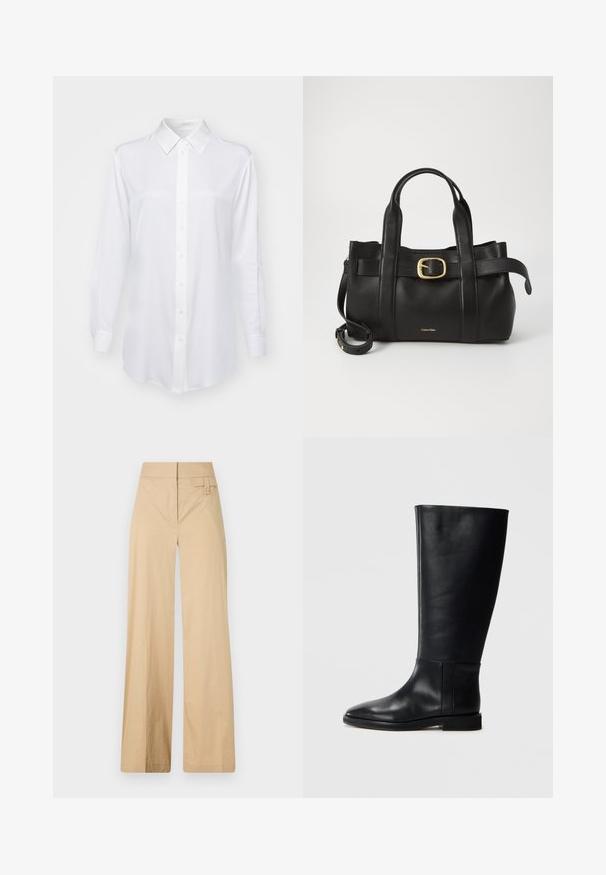 BOSS Button-down blouse - open white; Beige wide-leg pants made of cotton blend fabric. Features a smooth texture, elastic waistband, and a side button detail.; Black leather knee-high boot with a rounded toe, smooth texture, minimalistic design, and a flat sole. Simple seam details on the shaft.; Black leather handbag featuring a structured design, dual top handles, gold-tone buckle accent, and embossed brand logo at the front.