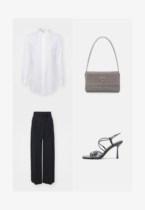 BOSS Button-down blouse - open white; Wide-leg black trousers made of soft fabric. Features a belted waistband and front pleats. Smooth texture with a clean, contemporary design.; Black high-heeled sandals feature thin straps with a knotted design, a smooth square toe, and a sleek stiletto heel.; Light gray metallic handbag featuring a chain strap, embellished with small circular metallic studs and a triangular brand logo.; Silver hoop earrings with a smooth, shiny finish. Rounded shape, lightweight design, featuring a post-back closure.