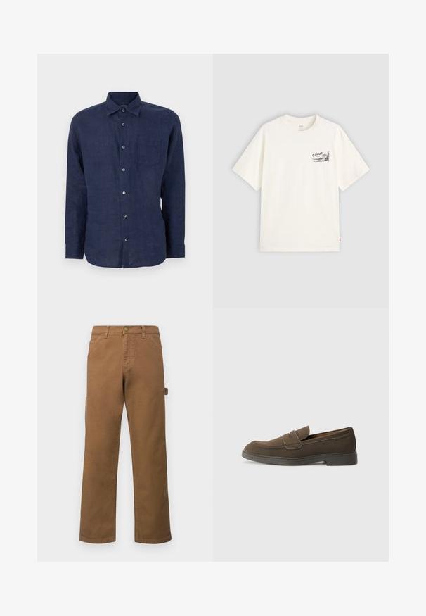 Camicia a maniche lunghe blu navy in lino, con chiusura a bottoni frontale, colletto e una tasca sul petto per un tocco in più.; T-shirt bianco a maniche corte in cotone, con una grafica nera sul lato sinistro del petto con la parola "Fresh."; Pantaloni cargo marroni in cotone con gambe dritte, dotati di tasche laterali e chiusura con bottone metallico in vita. Tessuto liscio e design casual.; Mocassino in suede marrone con punta arrotondata, una fascia sulla parte superiore e suola in gomma piatta. Design semplice con linee pulite e dettagli minimi.