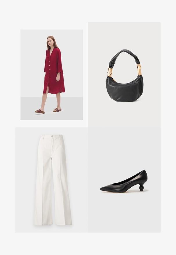 Abito rosso con bottoni, scollo a V, maniche a tre quarti, tessuto testurizzato, fessure laterali e una tasca frontale. Indossato con sandali beige.; Pantaloni bianchi a gamba larga realizzati in cotone con una texture liscia. Presentano un bottone anteriore, una zip e un design a quattro tasche.; Scarpa con tacco alto in pelle nera, con punta affilata e tacco arrotondato e bombato. Texture liscia con un design elegante e minimalista.; Borsa a tracolla in pelle nera con una forma rotonda, texture morbida e manico annodato con dettagli in metallo dorato. Chiusura con zip.