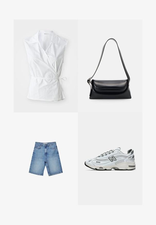 Vit ärmlös omlottopp i bomull. Har en spetsig krage, sid-band detalj och en något lös passform som samlas vid midjan.; Ljusblå denimshorts med klassisk femficksdesign, dragkedja och subtila blekningar. Rakt snitt med fållade kanter.; Vit sportig sneaker med grå detaljer, nät- och syntetmaterial, vågdesign, vadderad krage och gummisula med svart mönster.; Svart läderhandväska med en strukturerad form, en slät yta och ett enda axelband. Har en subtil, rundad klaffdesign.; Silver Casio kvartsur med rektangulärt urtavla, analog och digital visning, armband i rostfritt stål och vattentåliga egenskaper.