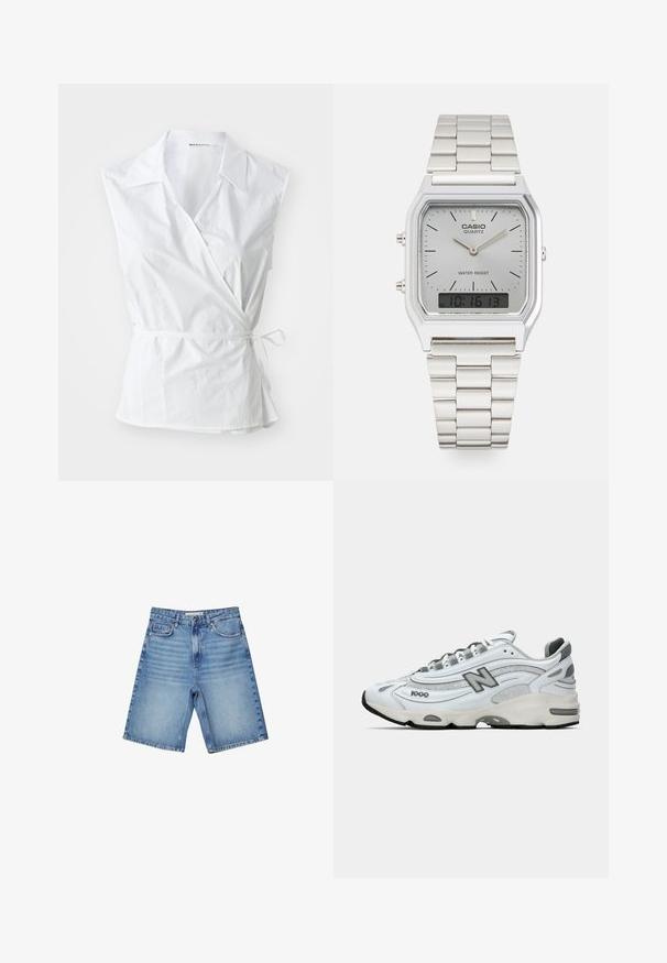 Witte mouwloze wikkeltop gemaakt van katoen. Beschikt over een puntige kraag, zijstrikdetail en een iets losse pasvorm die zich verzamelt bij de taille.; Lichte blauwe denimshorts met een klassieke vijf-pocketontwerp, een ritssluiting en subtiele vervaging. Rechte snit met afgewerkte randen.; Witte sport sneaker met grijze accenten, gemaakt van mesh en synthetische materialen, golfontwerp, gewatteerde kraag en rubberen zool met zwart profiel.; Zilverkleurige Casio kwarts horloge met rechthoekige wijzerplaat, analoge en digitale displays, roestvrijstalen band en waterbestendige eigenschappen.
