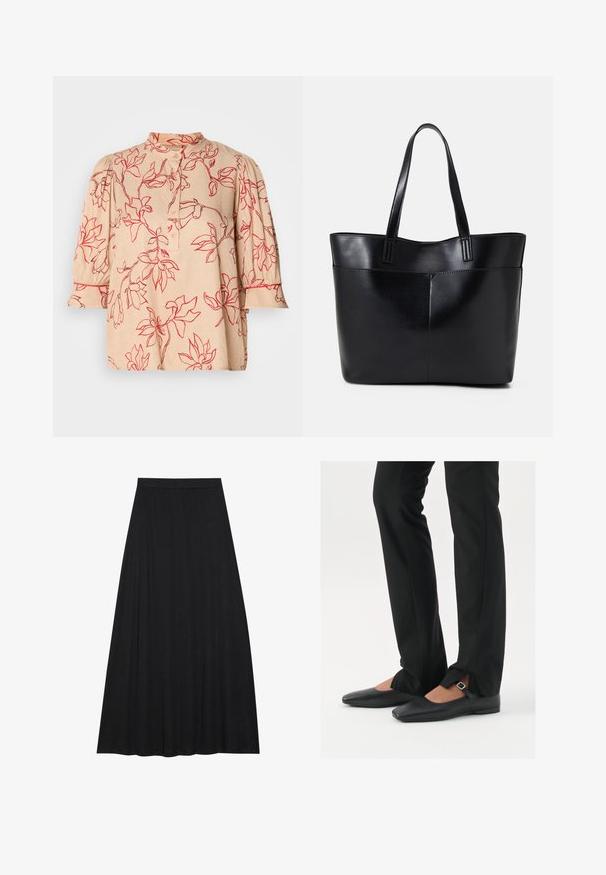 Beige blúz piros virágmintával, utánzott gallérral, gombsorttal és háromnegyed puff ujjakkal. Simma anyag finom textúrával.; Fekete maxi szoknya puha, folyékony anyagból. Rugalmas derékrésszel és teljes, A-vonalú siluettel rendelkezik, sima textúrával.; Fekete bőr balettcipők hegyes orral, ezüst csattal ellátott pánttal, fekete szabott nadrággal, amelynek hasított szegélye van.; Fekete bőr bevásárlótáska két hosszú fogantyúval, sima felülettel és strukturált formával. Elülső zseb található rajta a plusz tárolás érdekében.