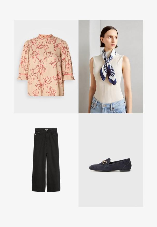 Beige bluse med rødt blomster mønster, falsk krage, knappestolpe og trekvart puffermer. Glatt stoff med en subtil tekstur.; Bredde ben svarte denimjeans med høy midje. Har fem lommer, metallhardware og en ren finish. Teksturen er glatt og myk.; Marineblå suede loafers med rund tå, som har en dekorativ metallkjede-accent og en lav hæl med kontrasterende sømdetaljer.; Silkesjal i marineblått og hvitt med et geometrisk sikksakkmønster. Glatt tekstur, pent bundet rundt halsen, som komplementerer en ribbestrikket topp.