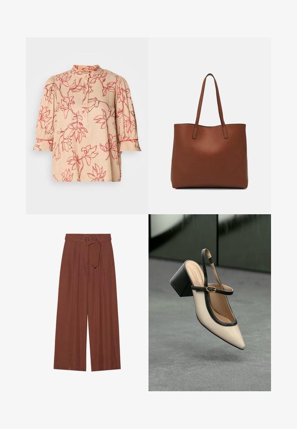 Beige bluse med rødt blomster mønster, falsk krage, knappestolpe og trekvart puffermer. Glatt stoff med en subtil tekstur.; Bredde bukser i brunt stoff, med belte med firkantet spenne, plisserte design og myk tekstur.; Beige spiss tå slingback sko med svart kant, gullspenne og tykk blokkheel på grått gulv med mørkegrønn bakgrunn.; Brun lær tote veske med en jevn tekstur, åpen toppdesign og to skulderstropper. Har minimal søm og ingen synlige spiker.