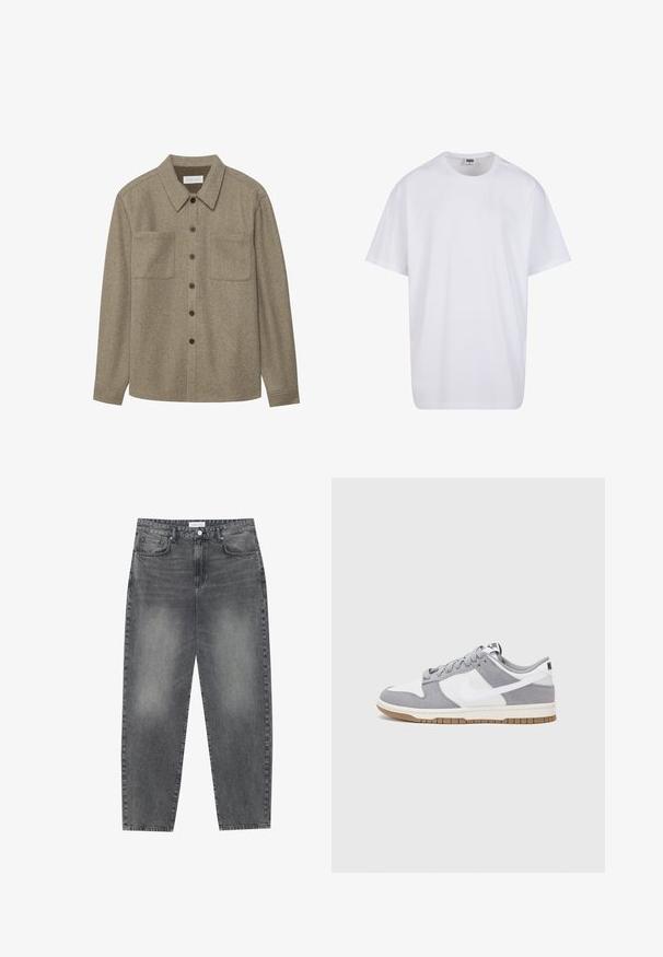 Cămașă din lână maro, cu guler ascuțit, două buzunare pe piept și nasturi negri. Textură netedă, cu o croială lejeră.; Tricou alb din bumbac cu mâneci scurte, decolteu rotund, croială lejeră și fără logo-uri sau modele vizibile. Textură netedă și design minimalist.; Jeans cu talie înaltă, lejere, din denim negru estompat. Caracteristici: cinci buzunare, bucle pentru curea și un design curat cu picior drept.; Sneaker gri și alb, cu un superior din suede și piele, vârf rotund, șireturi plate și o talpă din cauciuc ce prezintă un accent de culoare gum.