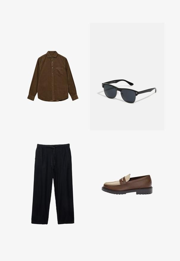 Smeđa kord špica s dugim rukavima, kragnom na kopčanje, prednjim džepom i šupljikavom teksturom. Ima srebrne gumbe.; Crne, lagane široke hlače s elastičnim pojasom i vezicom. Imaju dva bočna džepa i glatku teksturu.; Smeđi kožni mokasini s bež kožnim naglaskom i šivenim detaljima. Imaju nisku, teksturiranu crnu podlogu i klasičan dizajn.; Crne sunčane naočale pravokutnog oblika, tamne leće, srebrni detalji na sljepoočnicama i matirajuća završna obrada okvira.; Platnena torba u boji tan, s dva čvrsta ručka. Pravokutnog oblika s glatkom teksturom i bez vidljivih dekoracija.