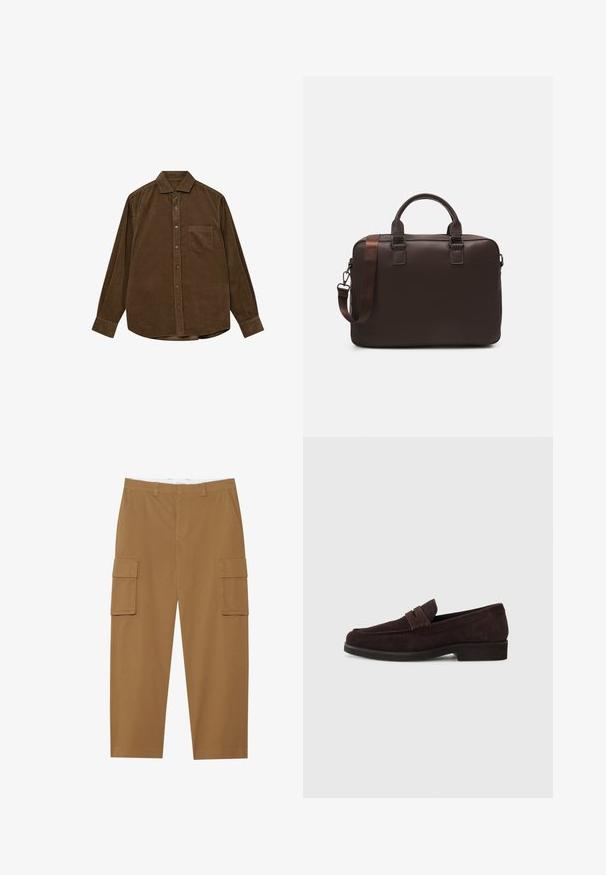 Camicia in corduroy marrone con maniche lunghe, colletto button-down, tasca frontale e superficie a coste texturizzata. Presenta bottoni in tono argento.; Pantaloni cargo marroni con due tasche laterali, fronte piatto e taglio dritto. Realizzati in un tessuto durevole con una texture liscia.; Mocassini in suede marrone con profilo basso e punta arrotondata. Presentano una fascia decorativa sulla parte superiore, suola piatta in gomma e nessuna cucitura visibile.; Borsa per laptop in pelle marrone con superficie texturizzata, doppi manici superiori, cinturino regolabile e due fibbie frontali per un tocco di originalità.