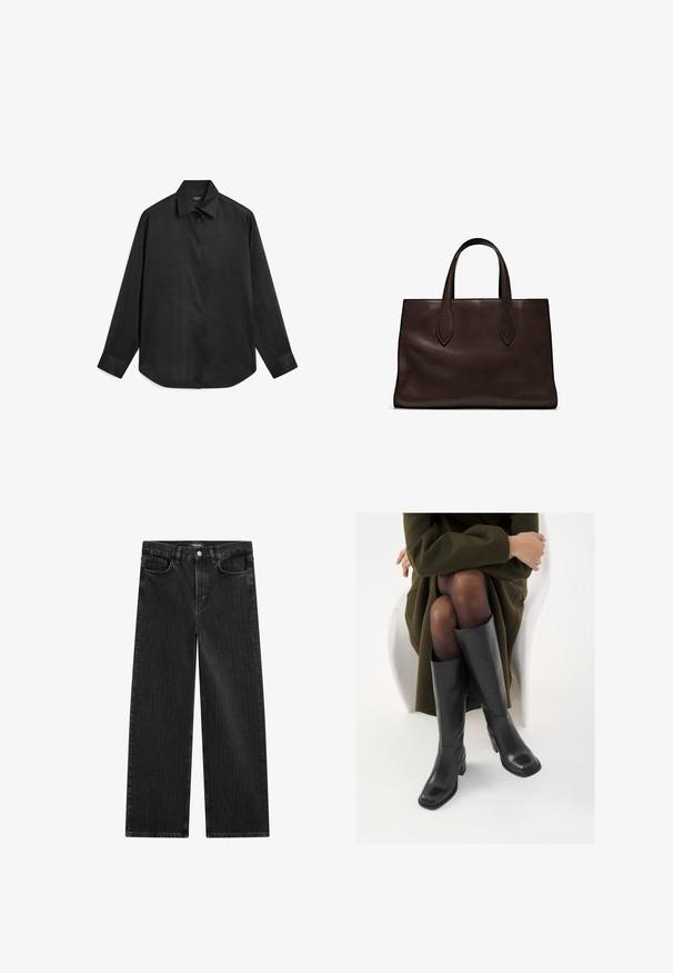 Sort langærmet skjorte lavet af et glat, let stof. Den har en spids krave, knaplukning og rundet kant.; Bredde ben sorte denimbukser med en subtil lodret stribepattern, der har fem lomme-design og en klassisk knaplukning i taljen.; Knæhøje sorte læder støvler med firkantet tå og blokhæl, vist med en model siddende i en olivengrøn frakke. Glat tekstur, minimal detaljer.; Brun læder tote bag med to forlængede håndtag, struktureret rektangulær form, glat overflade og subtile syninger.