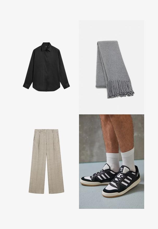 Zwarte lange mouwen shirt van een soepele, lichte stof. Heeft een spitse kraag, knoopsluiting en afgeronde zoom.; Beige geruite wijde broek met een gestructureerde stof, voorplooien, zijzakken en een tailleband voor een veilige pasvorm.; Zwart-witte sneakers met een bovenwerk van suede en leer, voorzien van drie witte strepen, een geperforeerde neus en een rubberen gumzool.; Grijze wollen sjaal met een zachte textuur, voorzien van franjes aan de randen en een eenvoudig ontwerp. Netjes gevouwen, waarmee de verlengde vorm wordt getoond.