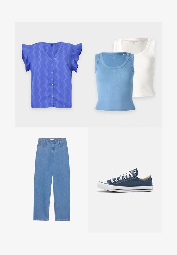 Niebieska bluzka z krótkim rękawem i dekoltem w serek, z zygzakowatym wzorem i zapięciem na guziki z przodu. Teksturowany materiał z falbaniastymi rękawami.; Dwa prążkowane topy na ramiączkach: jeden jasnoniebieski, a drugi biały. Każdy z nich ma okrągły dekolt i dopasowany krój, podkreślający teksturę tkaniny.; Jasnoniebieskie dżinsy w prostym kroju, z pięcioma kieszeniami, jednobutonowym zapięciem i subtelnymi detalami haftu na szwach.; Niebieskie trampki z płótna z białymi oczkami i sznurówkami, charakteryzujące się białą gumową osłoną palców oraz czarnym paskiem wzdłuż podeszwy.