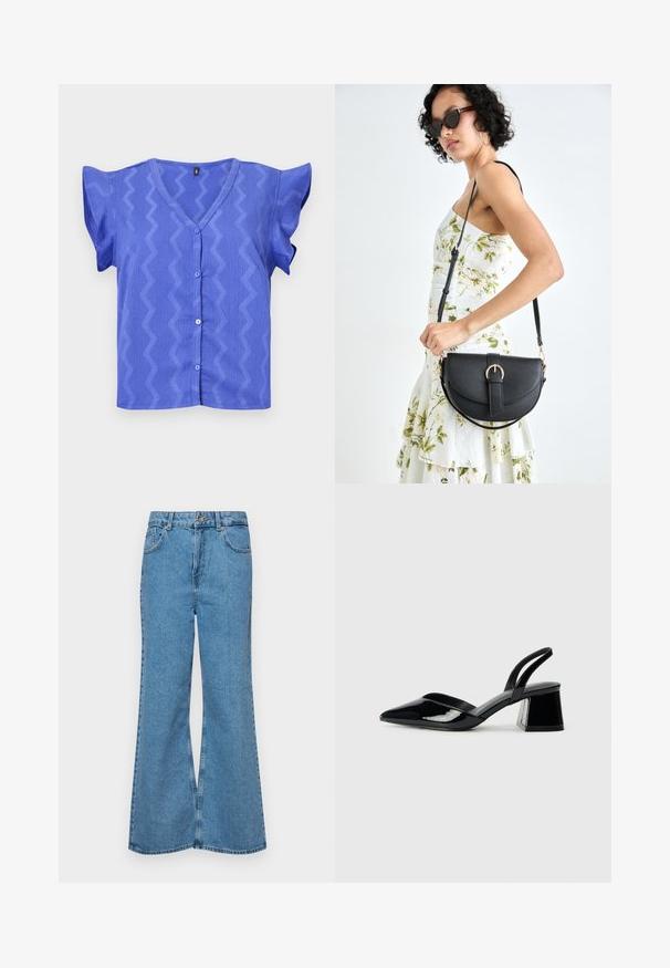Kék, rövid ujjú blúz V-nyakkal, zig-zag mintával és gombos záródással az elején. Texturált anyag, fodros ujjakkal.; Világoskék, trapézszárú farmernadrág, magas derékkal, öt zsebbel és egy gombos záródással. Puha tapintású, magasított effektusú anyag.; Fekete lakk bőr szandálkés magas sarkú cipő, hegyes orral és geometrikus tömbsarkakkal. Karcsú, minimalista dizájn és sima textúra jellemzi.; Fekete bőrtáska ívelt formával, levehető pánttal és arany színű fémrészekkel. A táskán egy csattal díszített fedél található.