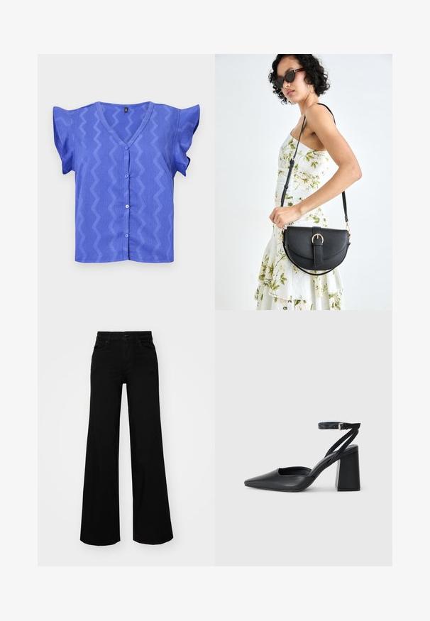 Blå kortærmet bluse med V-hals, der har et zigzag mønster og knaplukning foran. Tekstureret stof med flagrende ærmer.; Sorte bukser med bred benvidde lavet af denim, med en struktureret talje, bæltesløjfer og forlommer. Glat tekstur med et klassisk design.; Sort læder spidse pumps med ankelrem og en chunky hæl. Flad tekstur, slankt design og minimalistisk æstetik.; Sort læderhåndtaske med en buet form, aftagelig rem og guldfinish. Tasken har en klap med en spænde detalje.