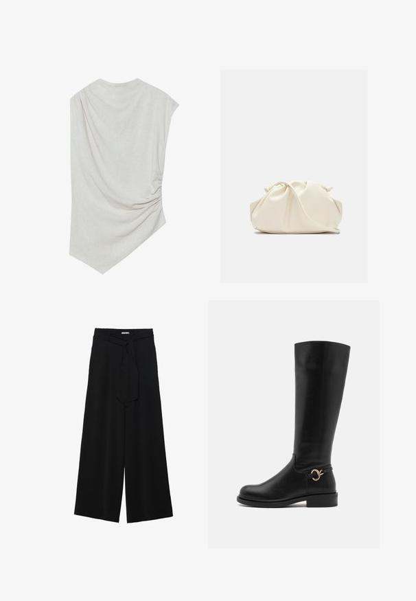 Šviesiai smėlinis viršus su apvaliu iškirpimu, asimetriniu kraštu ir surinktomis detalėmis iš vienos pusės. Pagamintas iš švelnaus, tekstūruoto audinio.; Juoda plačių kojų kelnės, pagamintos iš tekstūruoto audinio, su elastingu juosmeniu ir atsegamu diržu juosmenyje, leidžiančiu reguliuoti dydį.; Anna Field Wide Fit Batai - black; Kremo spalvos, minkšta dirbtinės odos rankinė su susiraukiamu dizainu, reguliuojama juostos ilgis ir subtilus virvutės užsegimas. Sklandi tekstūra ir apvalios formos.