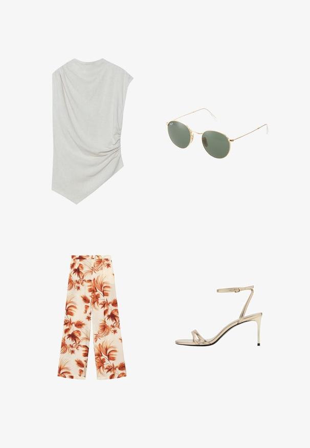 Top beige chiaro con scollatura rotonda, orlo asimmetrico e dettagli arricciati su un lato. Realizzato in un tessuto morbido e texture.; Pantaloni a gamba larga in un tessuto leggero, con una base bianco sporco decorata da grandi motivi a foglia color ruggine e una superficie morbida.; Sandalo con tacco alto in metallo dorato, con una sottile cinghia attorno alla caviglia, punta aperta e sottili cinghie incrociate. Finitura lucida con suola nera.; Occhiali da sole con montatura metallica dorata, lenti verdi, forma rotonda, aste sottili e dettagli in plastica bianca sulle punte delle aste.