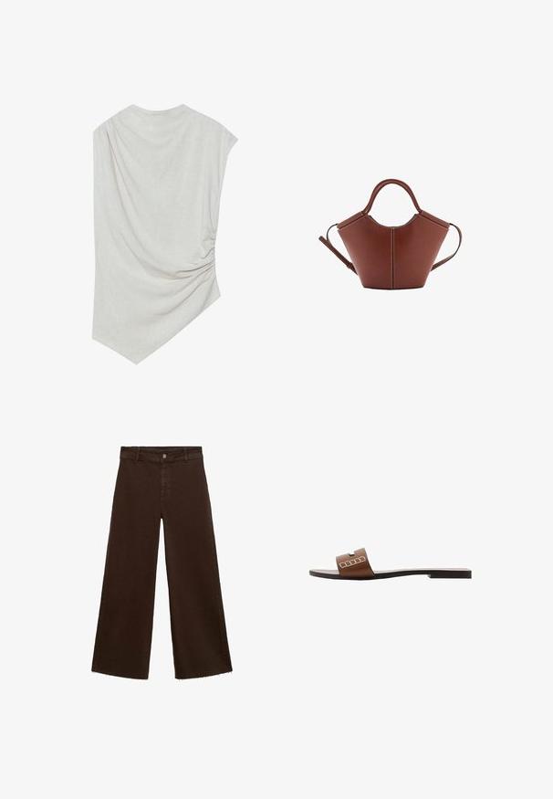Top beige chiaro con scollatura rotonda, orlo asimmetrico e dettagli arricciati su un lato. Realizzato in un tessuto morbido e texture.; Pantaloni larghi marroni in misto cotone, caratterizzati da orlo sfrangiato, chiusura frontale con bottone e classico design a cinque tasche. Minimalisti e versatili.; Infradito in pelle marrone con suola piatta, dotate di una larga fascia e accenti geometrici bianchi per un design minimalista.; Borsa a mano in pelle marrone con forma conica, manici robusti e cuciture bianche a contrasto. Presenta una tracolla removibile per una maggiore versatilità.